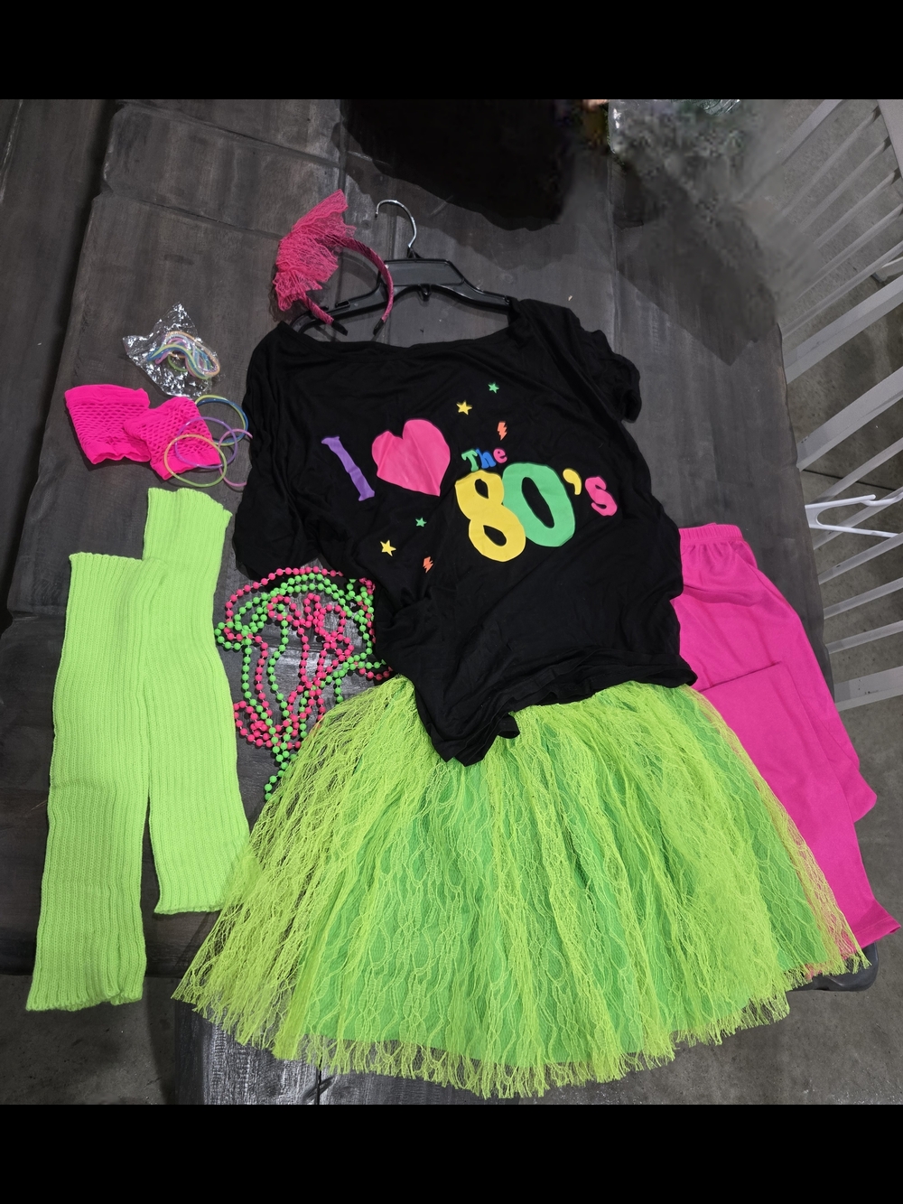 80s Neon Costume Set - Black Top with Hot Pink & Lime Accessories - Picture 3 of 3